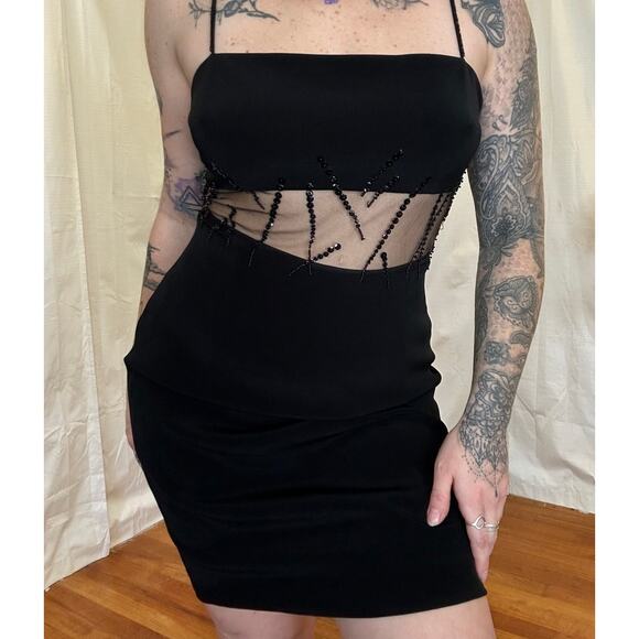 Vintage Cache Y2K Black Beaded Mesh Cutout Mini Dress - Picture 3 of 7